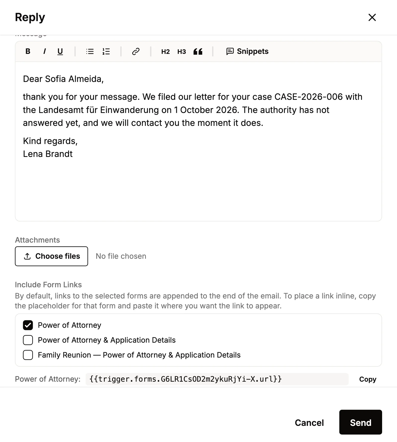 Ticking an online form to send with a reply