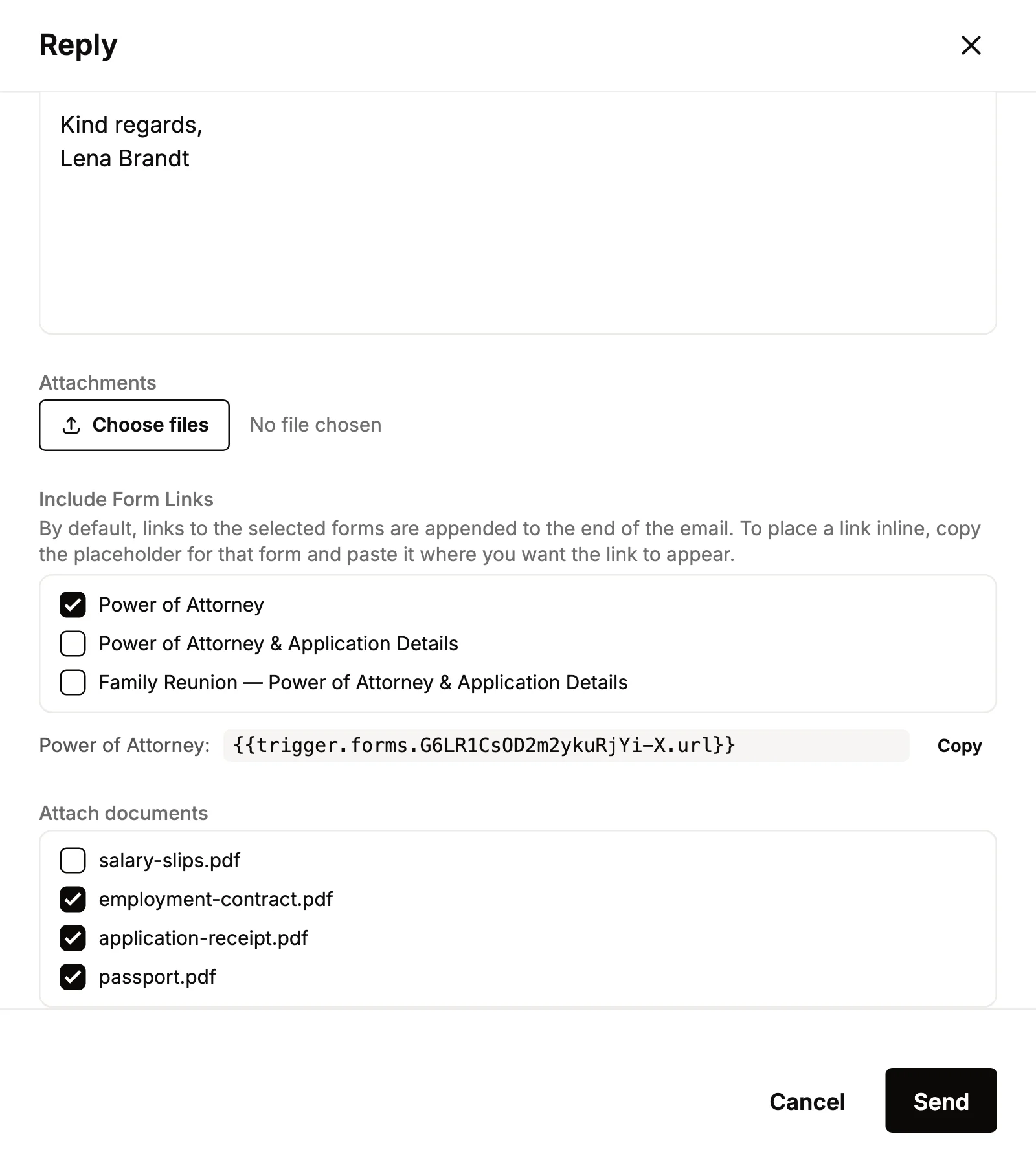 Ticking documents from the case to attach them to a reply