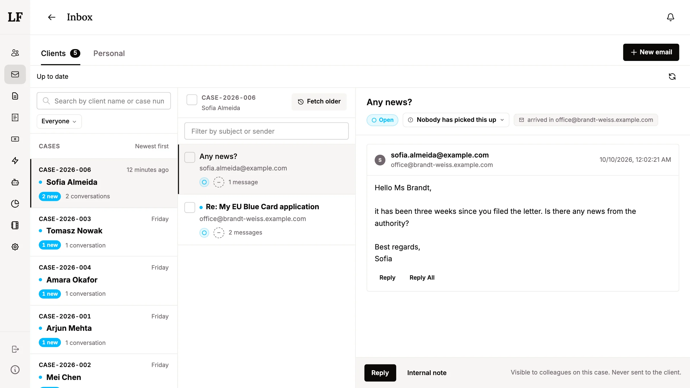 The shared inbox: client conversations grouped by case