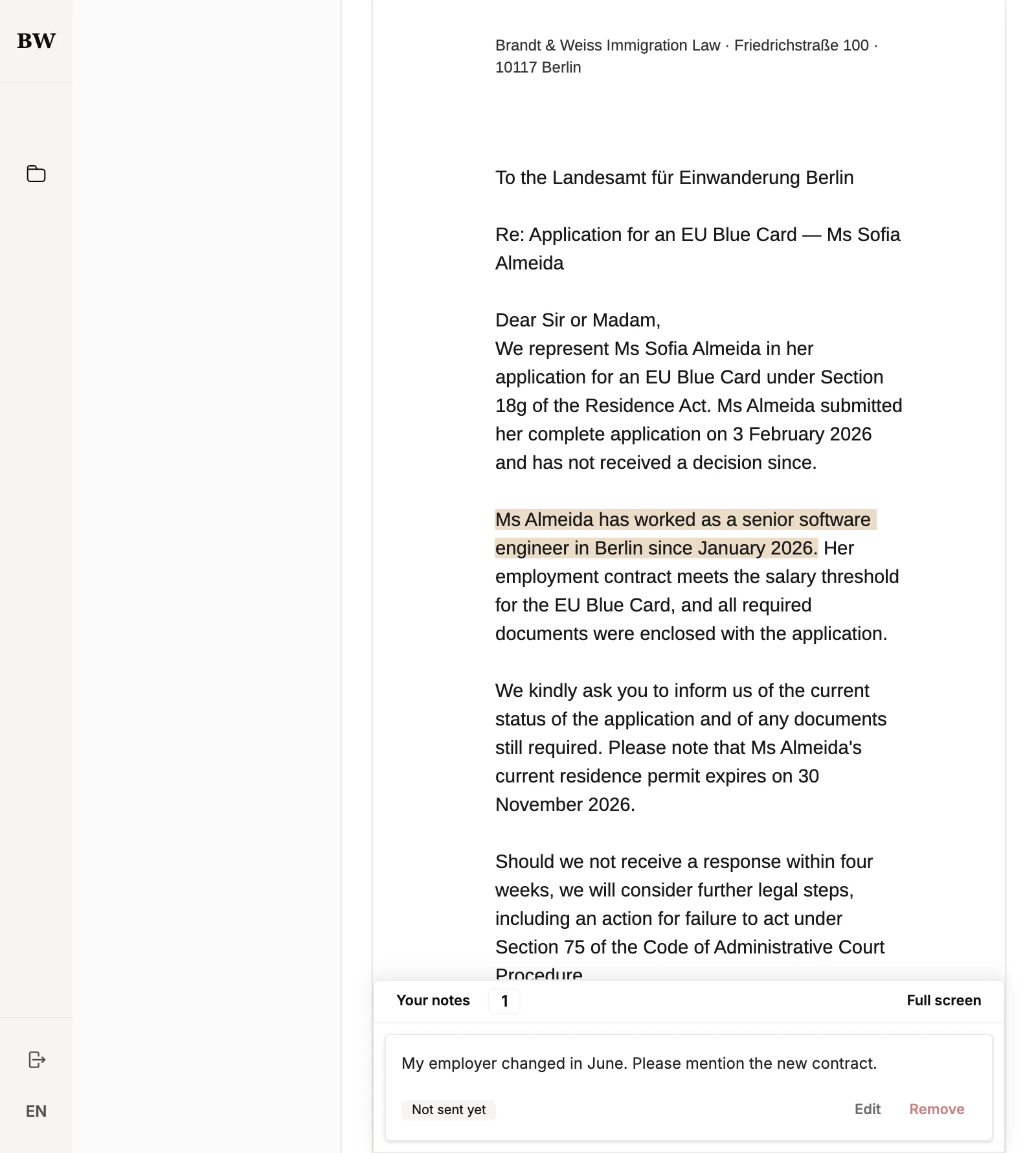The client reads a draft and leaves a note on one sentence