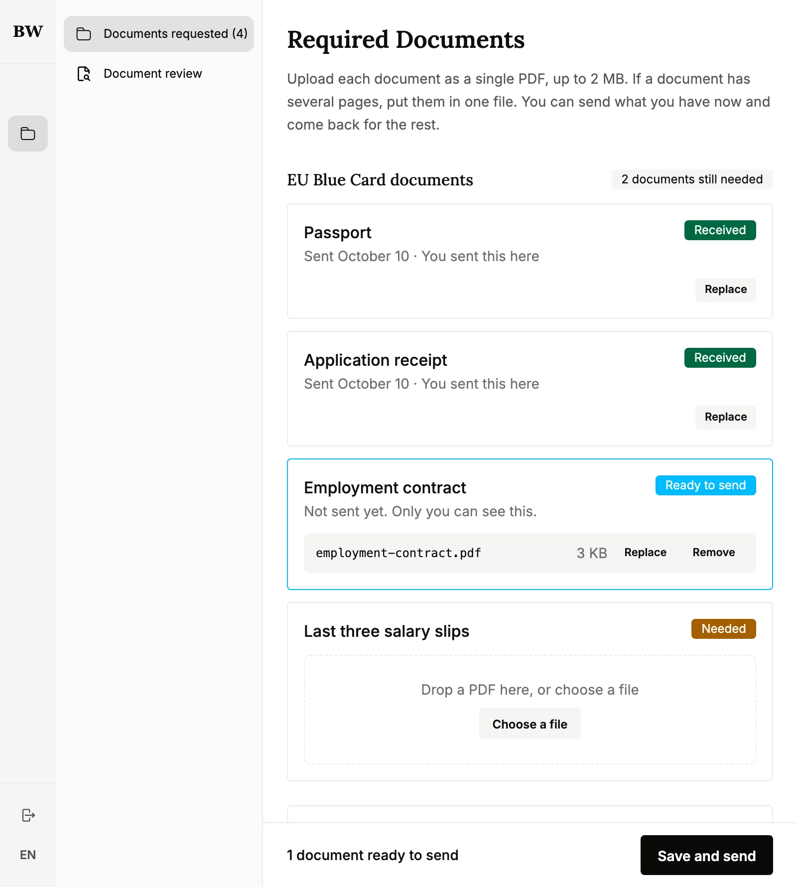 The client's portal: the documents the firm asked for, and which are still needed